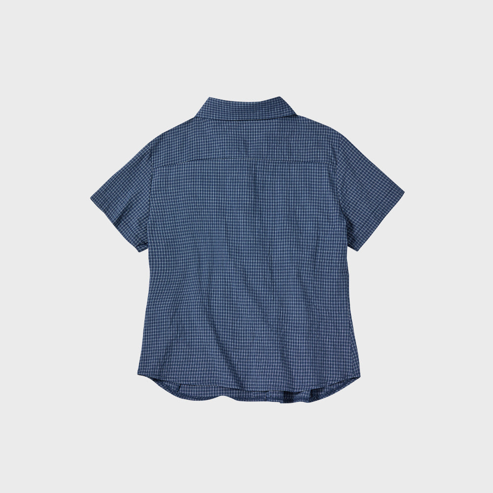 COMONINOZ W LINEN CHECK HALF SHIRTS [NAVY]