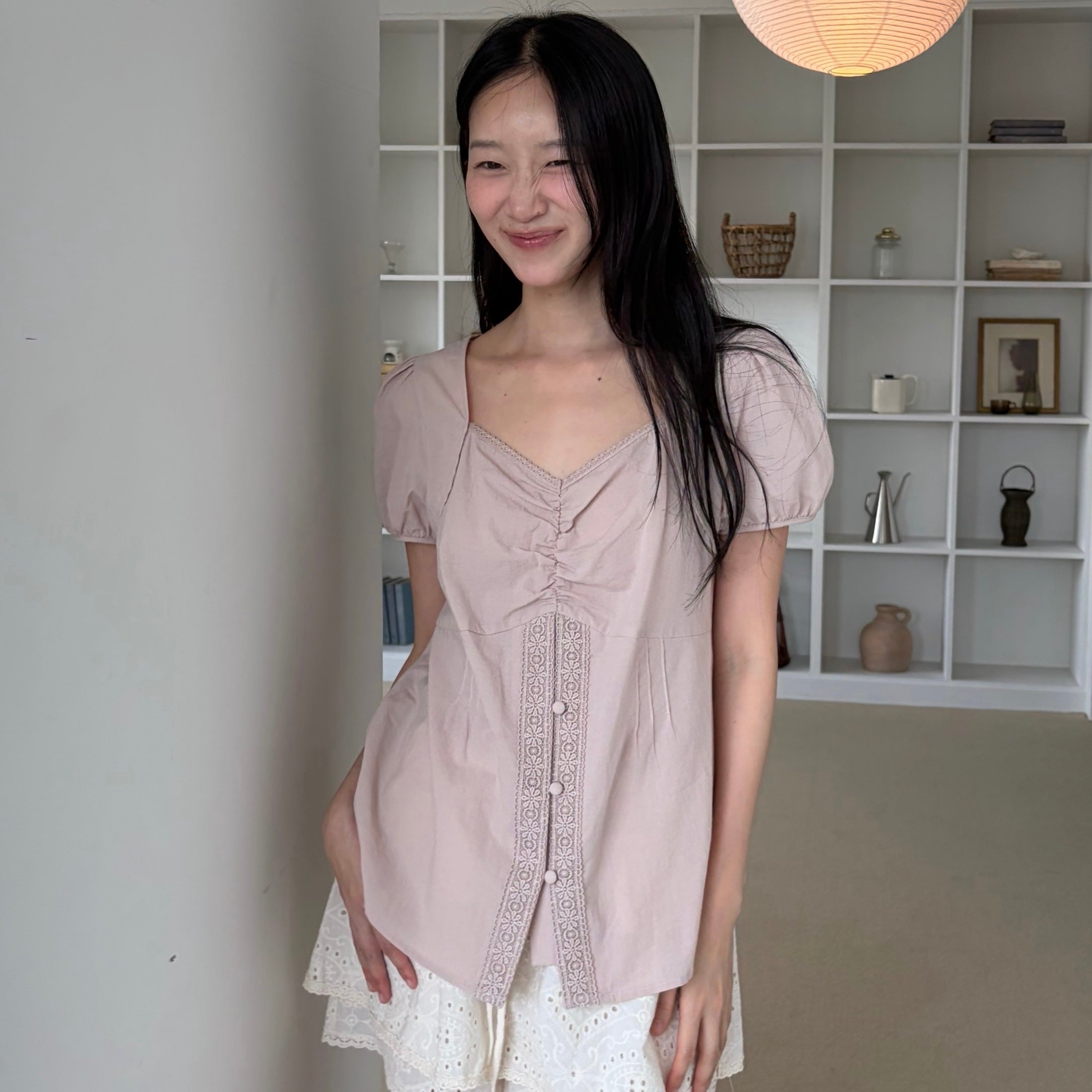 OURO COTTON LACE PINTUCK BLOUSE [ POWDER PINK ]