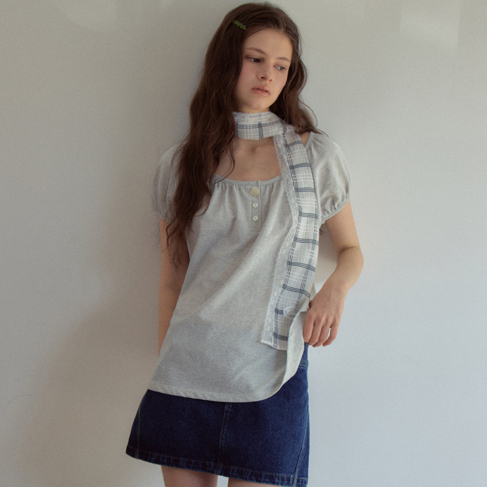 OURNOSTALGIA Rosy Button Puff T-Shirt_Light Gray(OB6TP12)