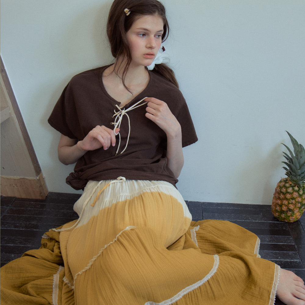 OURNOSTALGIA Vintage Eyelet Half T-Shirt_Brown(OB6TP13)