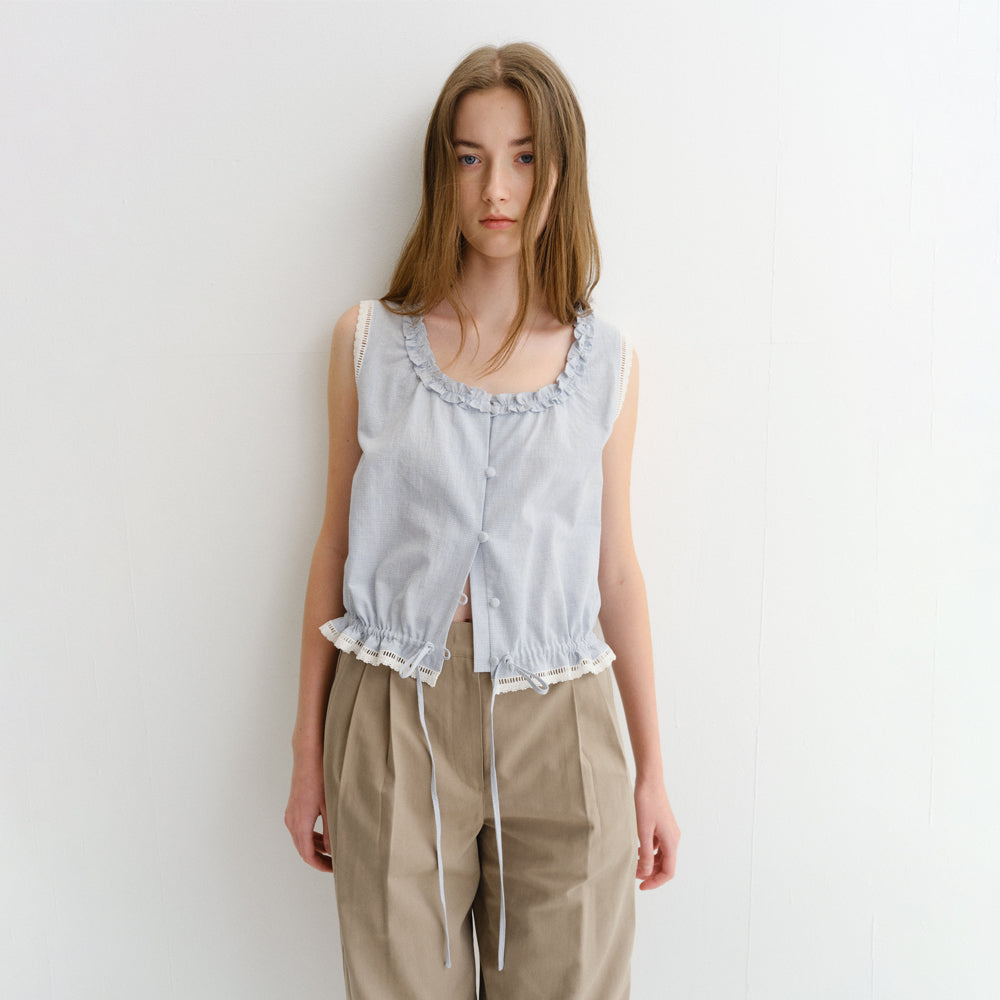 DUNST FRILL SLEEVELESS BLOUSE SOFT BLUE CHECK_UDBL6B226B1