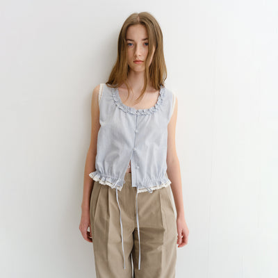 FRILL SLEEVELESS BLOUSE SOFT BLUE CHECK_UDBL6B226B1