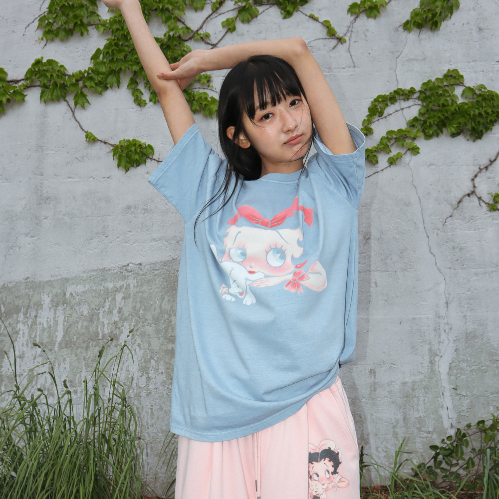 RONRON BETTY BOOP PIGMENT RIBBON OVER FIT T SHIRT SOFT BLUE