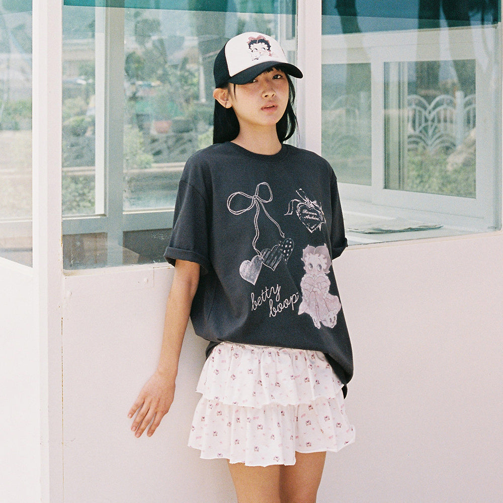 RONRON BETTY BOOP DREAMY RIBBON OVER FIT T SHIRT CHARCOAL