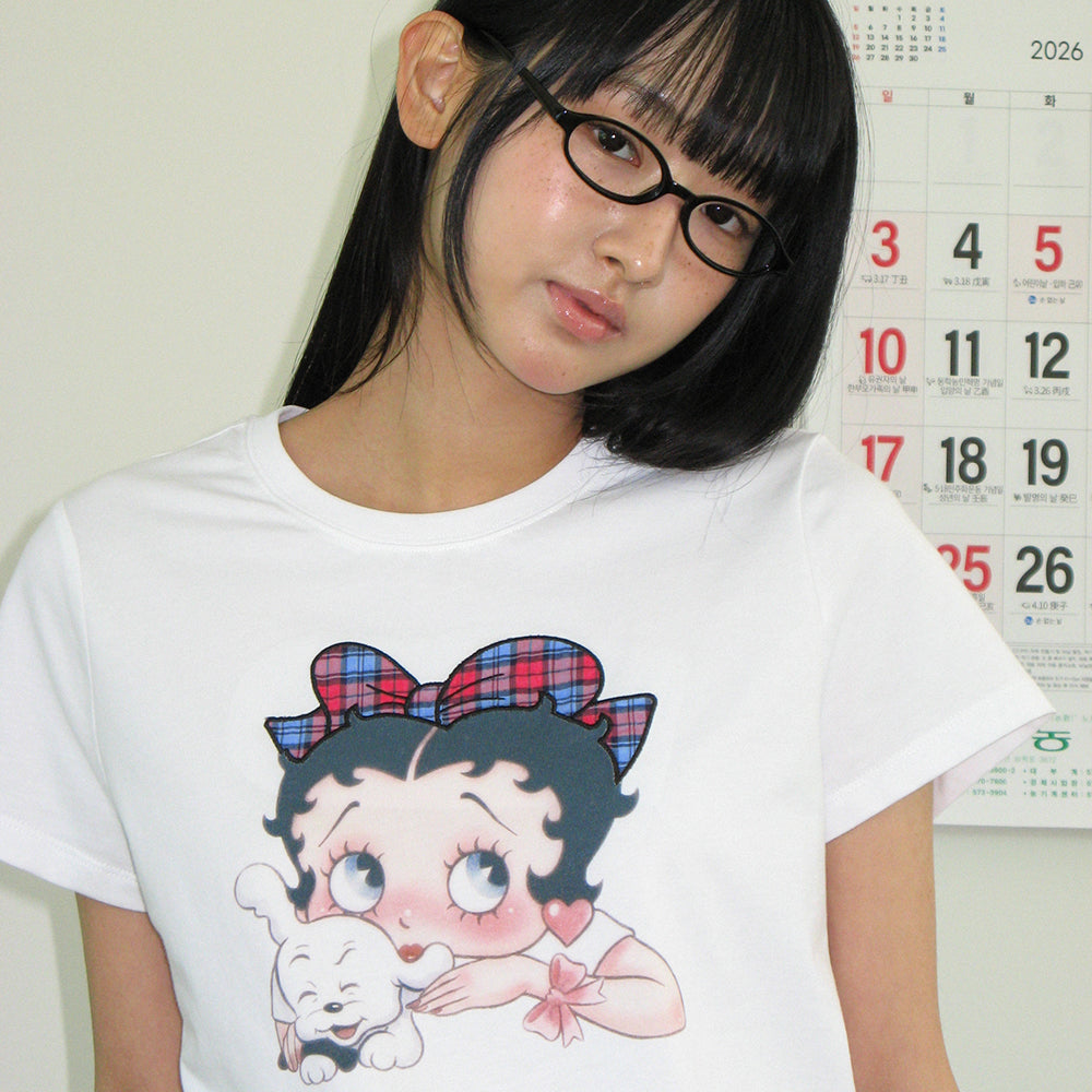 RONRON BETTY BOOP RIBBON APPLIQUE CROP T SHIRT WHITE