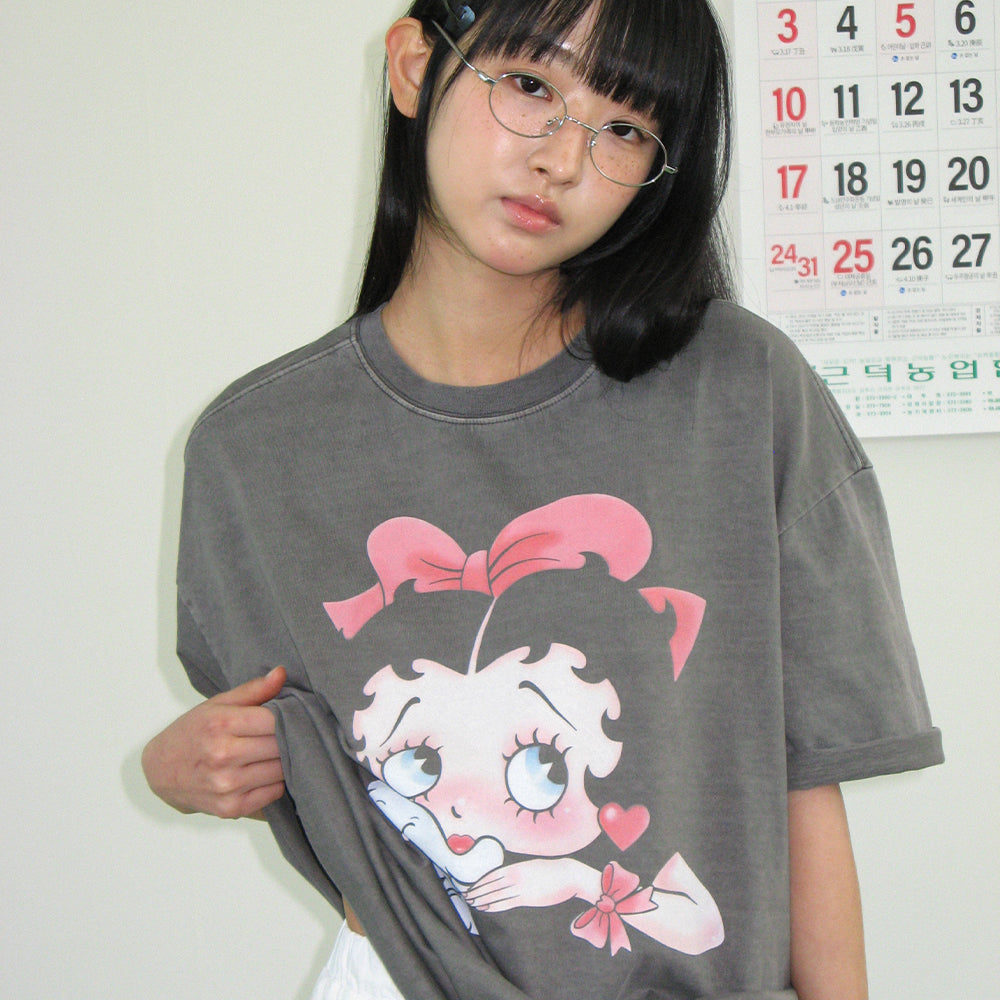 RONRON BETTY BOOP PIGMENT RIBBON OVER FIT T SHIRT CHARCOAL