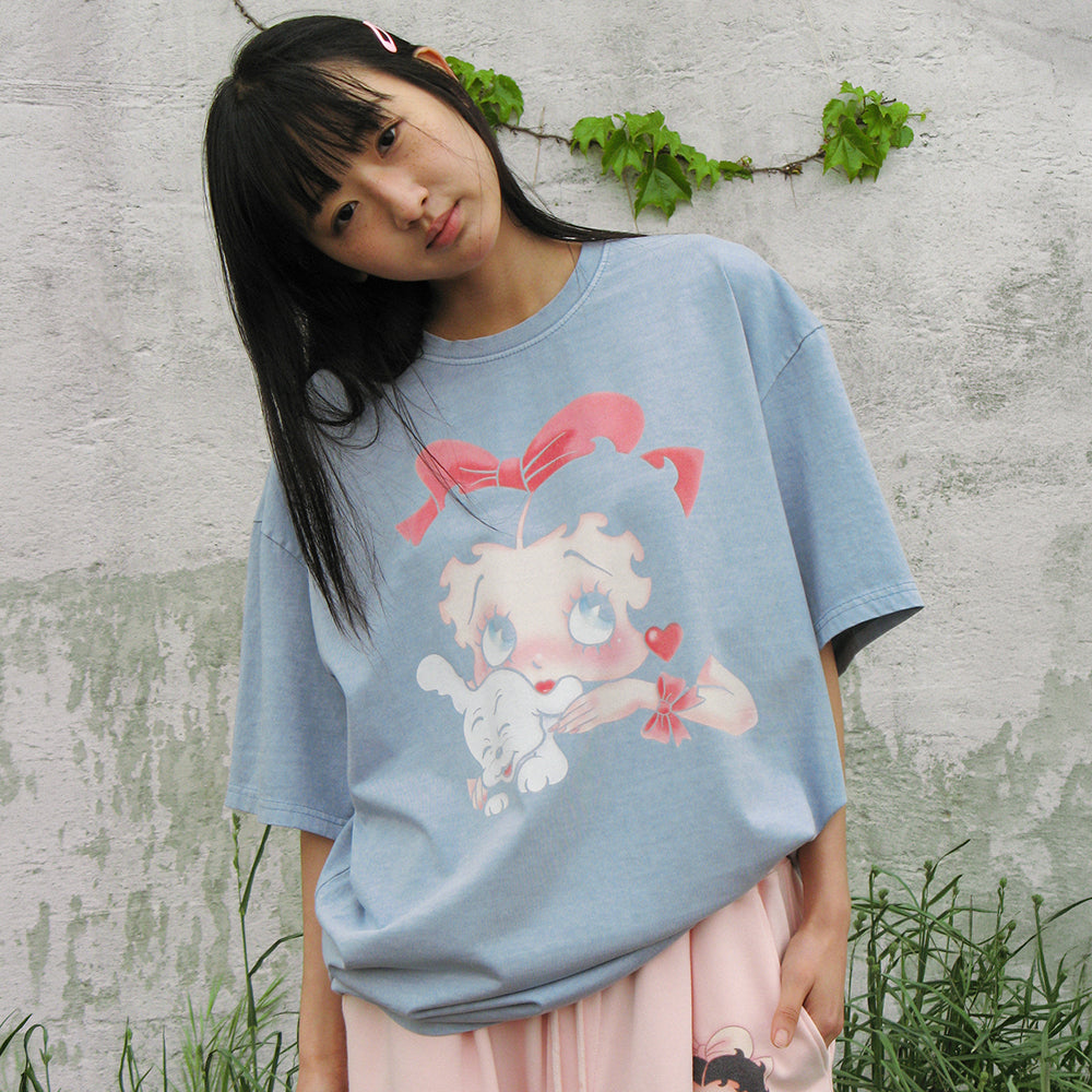 RONRON BETTY BOOP PIGMENT RIBBON OVER FIT T SHIRT SOFT BLUE