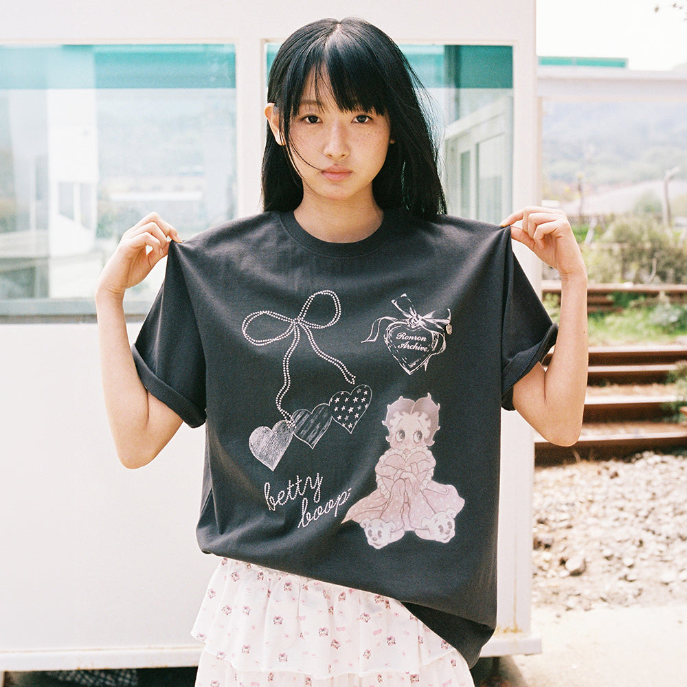 RONRON BETTY BOOP DREAMY RIBBON OVER FIT T SHIRT CHARCOAL