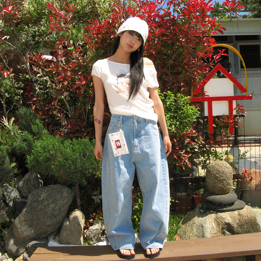 RONRON BETTY BOOP RIBBON BOAT NECK T SHIRT WHITE