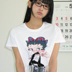 RONRON BETTY BOOP RIBBON APPLIQUE CROP T SHIRT WHITE