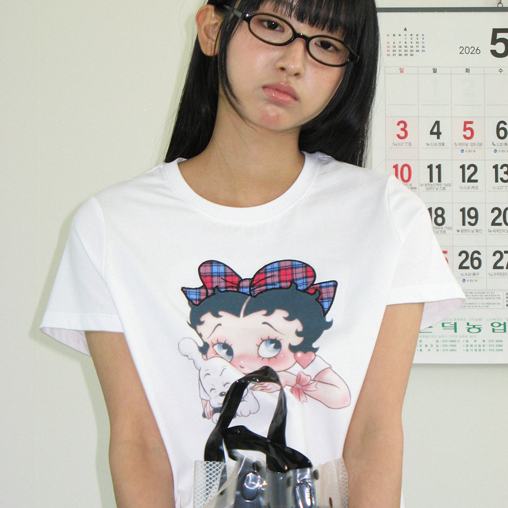 RONRON BETTY BOOP RIBBON APPLIQUE CROP T SHIRT WHITE