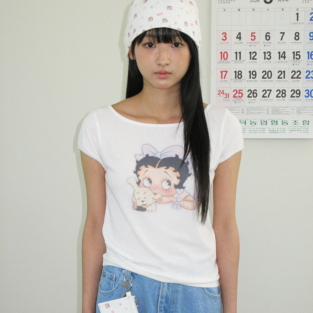 RONRON BETTY BOOP RIBBON BOAT NECK T SHIRT WHITE