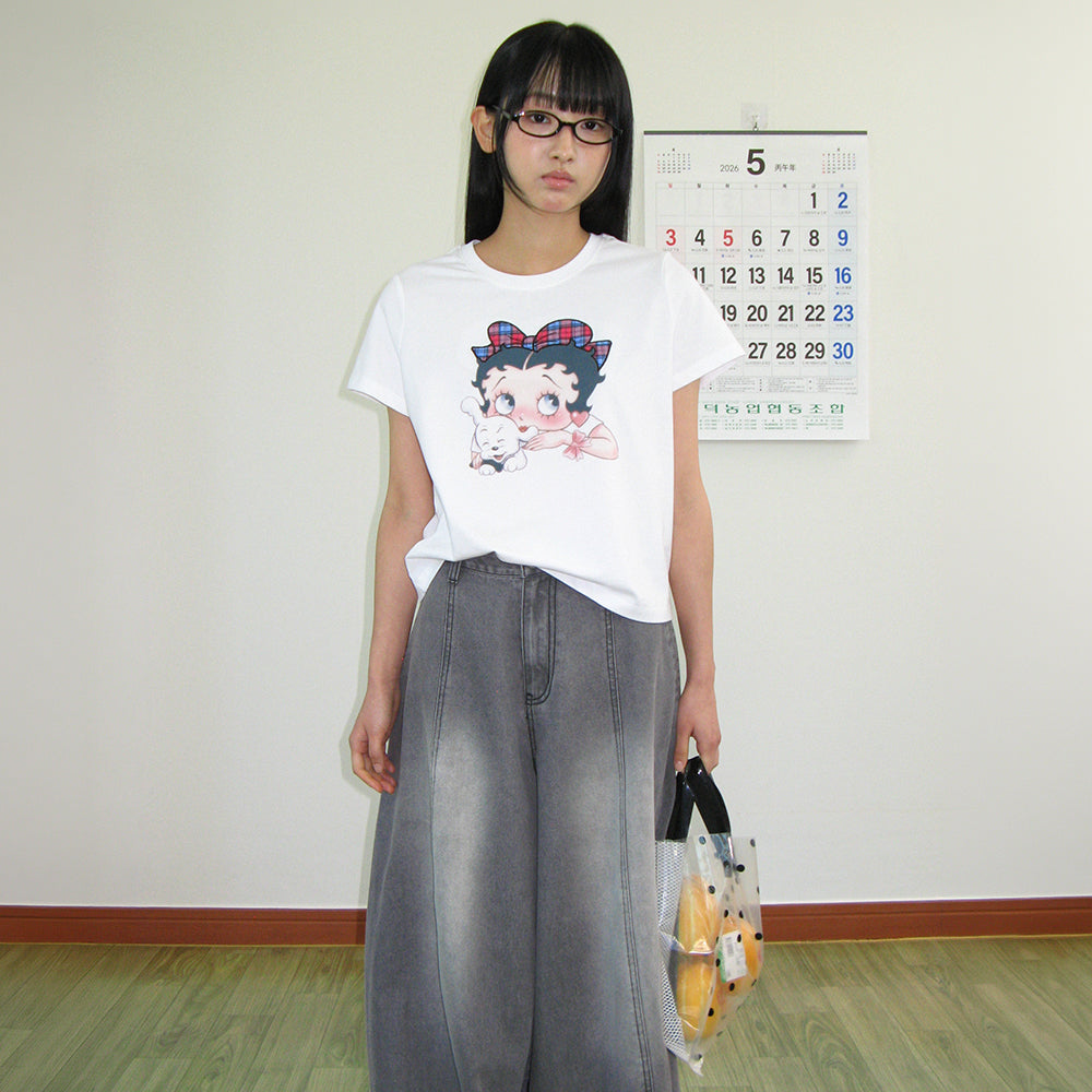 RONRON BETTY BOOP RIBBON APPLIQUE CROP T SHIRT WHITE