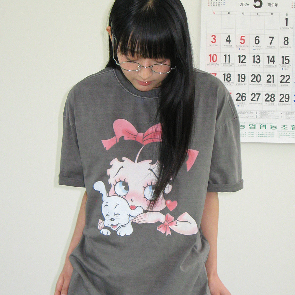 RONRON BETTY BOOP PIGMENT RIBBON OVER FIT T SHIRT CHARCOAL