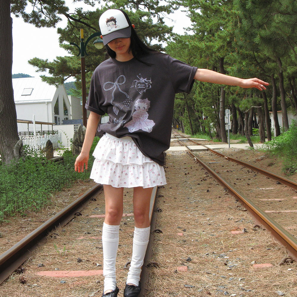 RONRON BETTY BOOP DREAMY RIBBON OVER FIT T SHIRT CHARCOAL