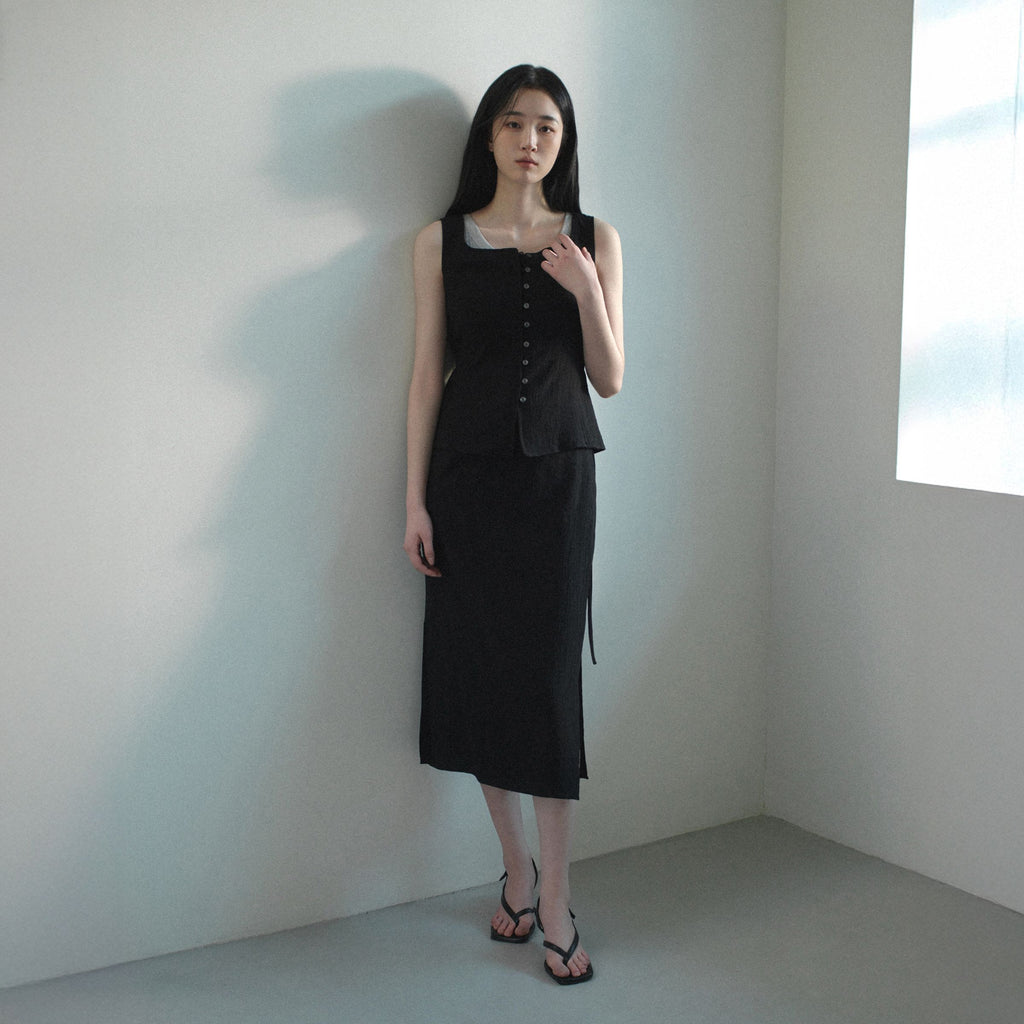 MIND BRIDGE WOMEN [W]Black Button Sleeveless Ribbed Blouse M1WS3234