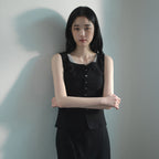 MIND BRIDGE WOMEN [W]Black Button Sleeveless Ribbed Blouse M1WS3234