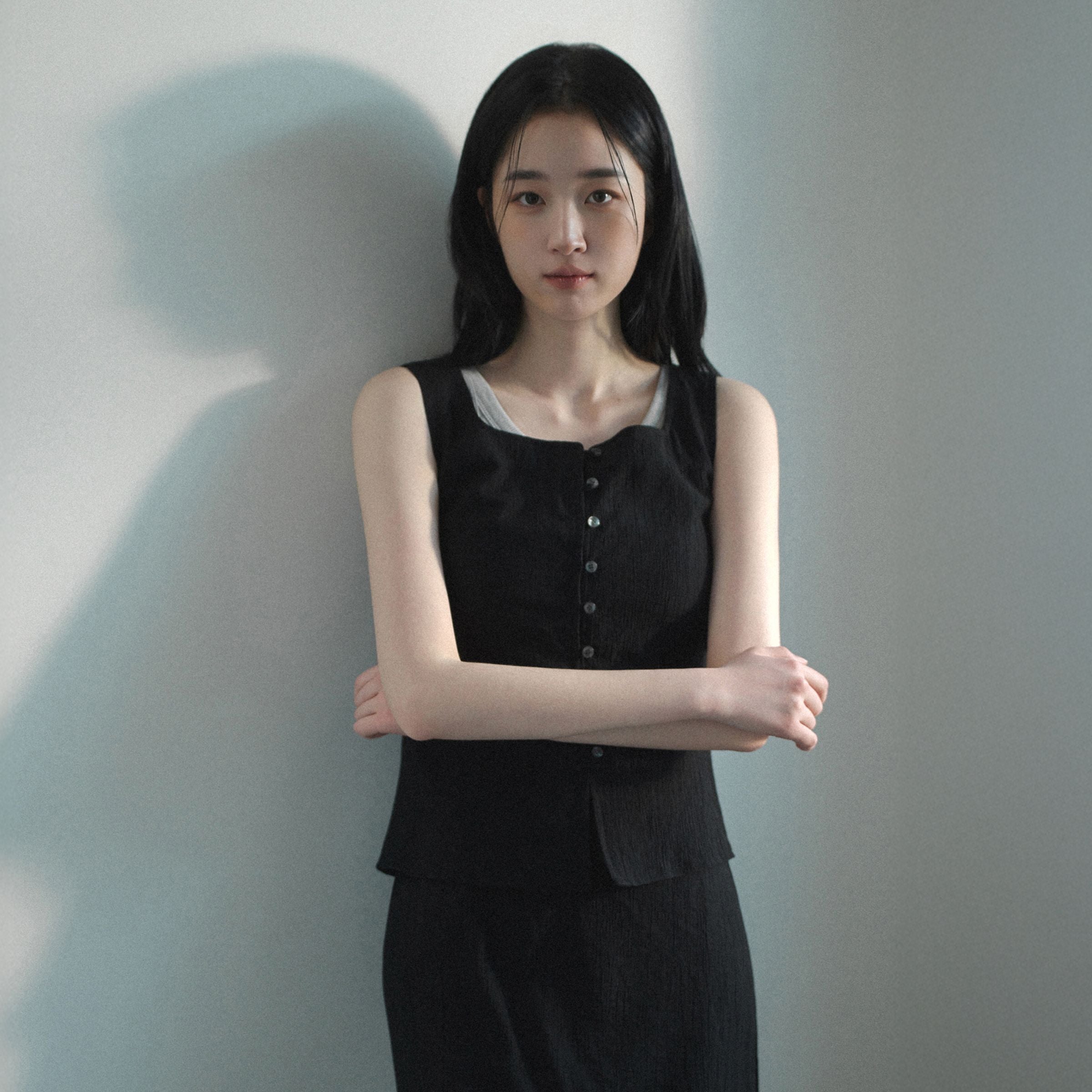 MIND BRIDGE WOMEN [W]Black Button Sleeveless Ribbed Blouse M1WS3234