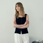 MIND BRIDGE WOMEN [W]Black Button Sleeveless Ribbed Blouse M1WS3234