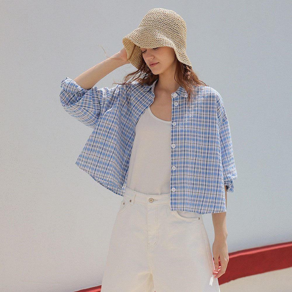 ROOMPACKER Genie summer check crop shirt