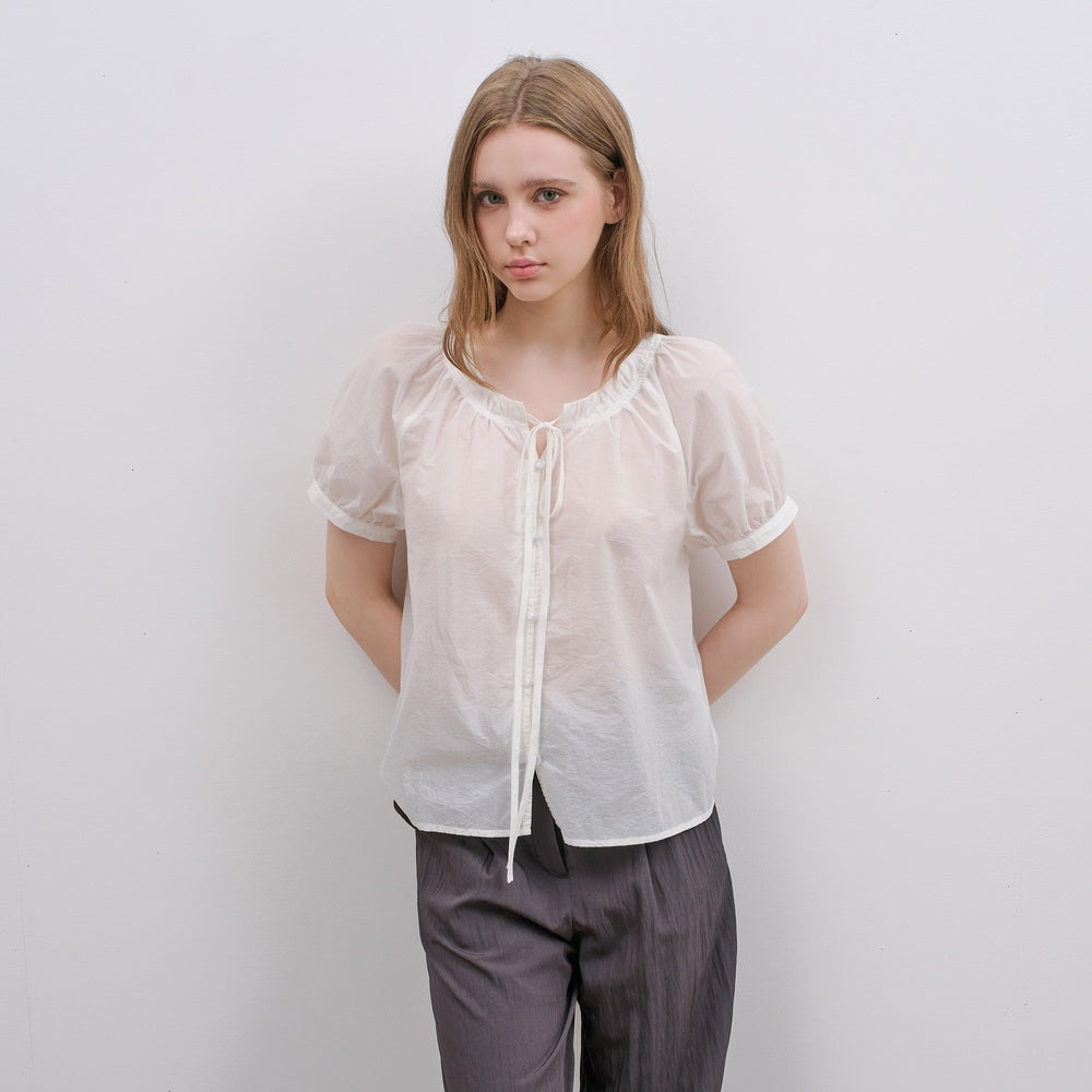 MIND BRIDGE WOMEN [W]Sheer shirring white short sleeve blouse M1WS4280