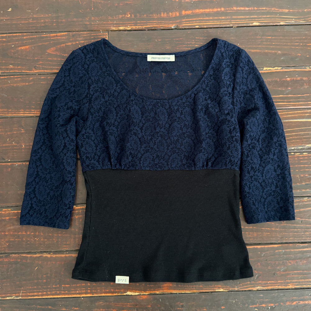PEEVES PEEVES Sheer Lace Rib Top / Navy