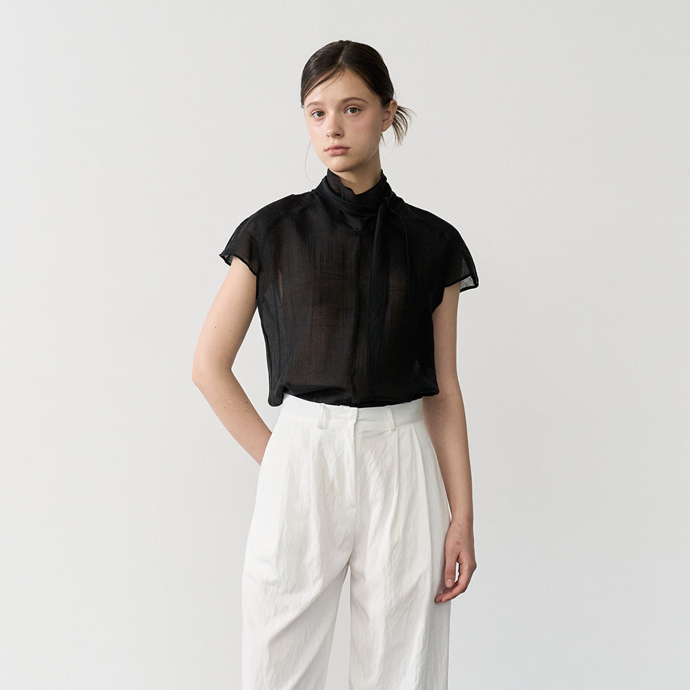 bibyseob High neck scarf half blouse black [T62]