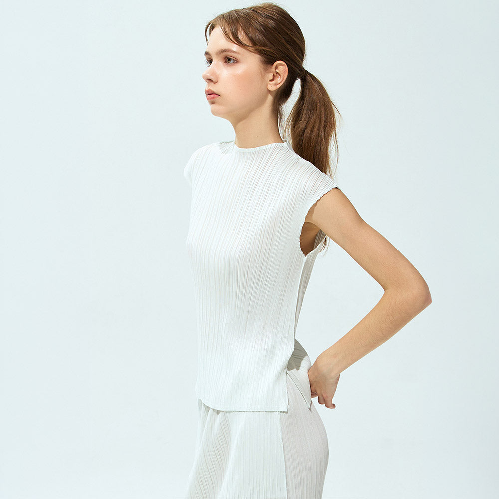 YOYOYOY Satin half-neck drop shoulder pleated blouse_3colors