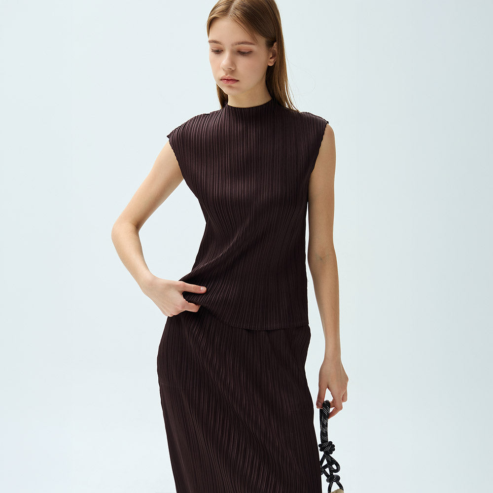 YOYOYOY Satin half-neck drop shoulder pleated blouse_3colors