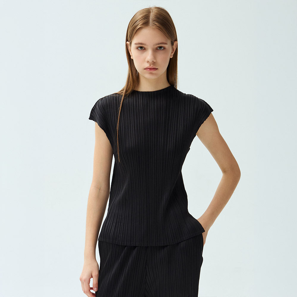 YOYOYOY Satin half-neck drop shoulder pleated blouse_3colors