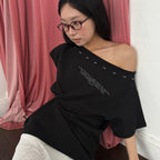CHICKS Stud lineup graphic one shoulder short sleeve black