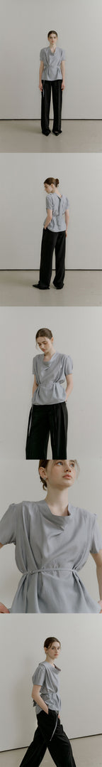 OURCOMOS comos 1408 tie drape neck blouse (pale blue)