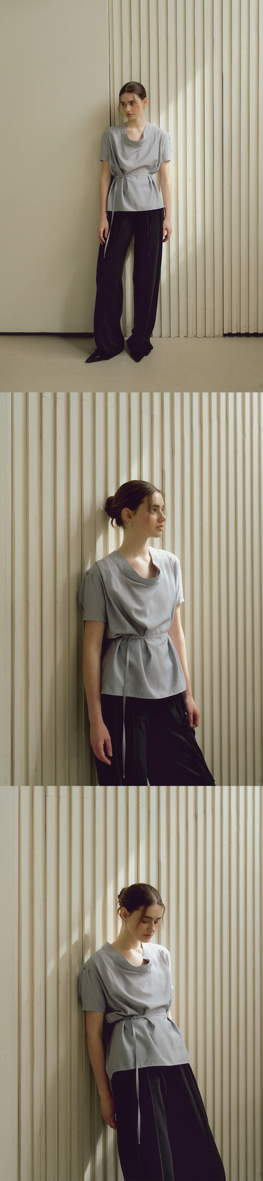 OURCOMOS comos 1408 tie drape neck blouse (pale blue)