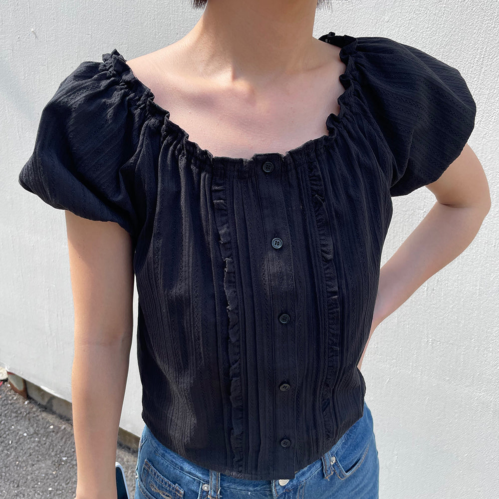 PLAC WOMEN [Black added] Frill point pin tuck blouse black