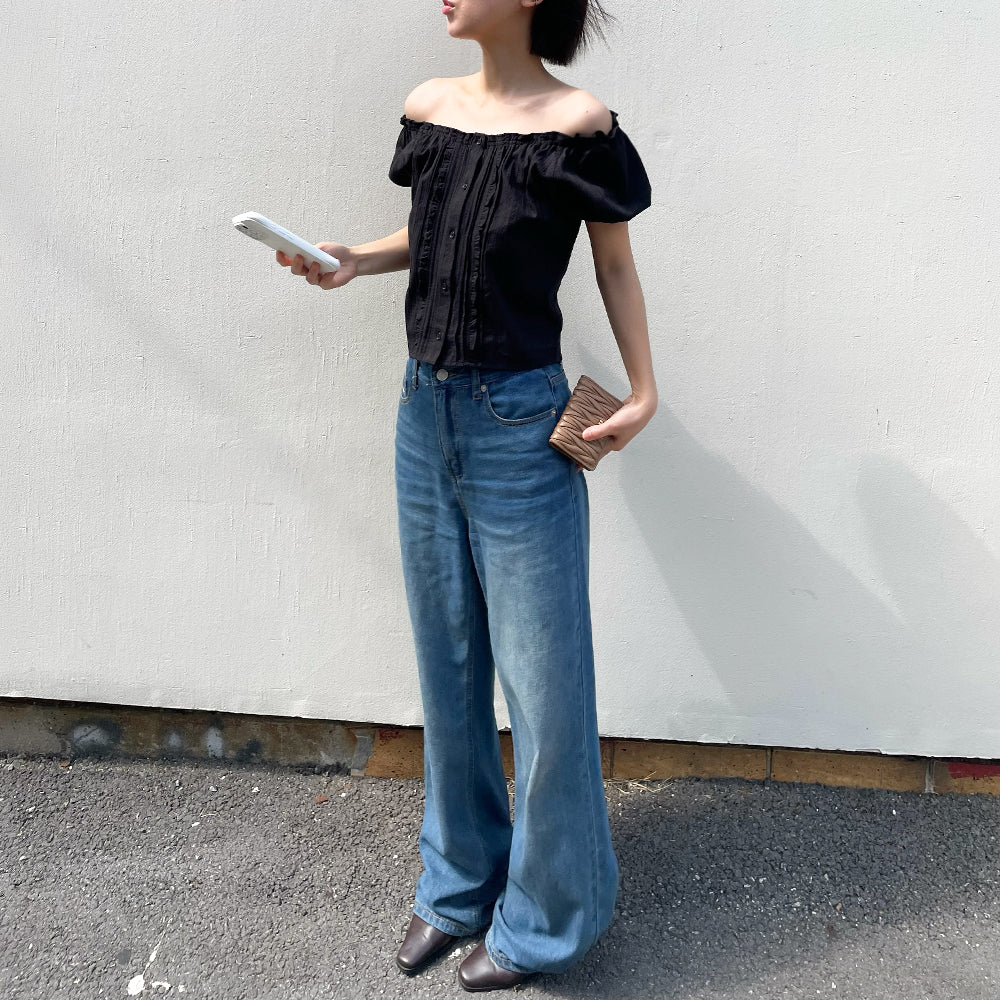 PLAC WOMEN [Black added] Frill point pin tuck blouse black