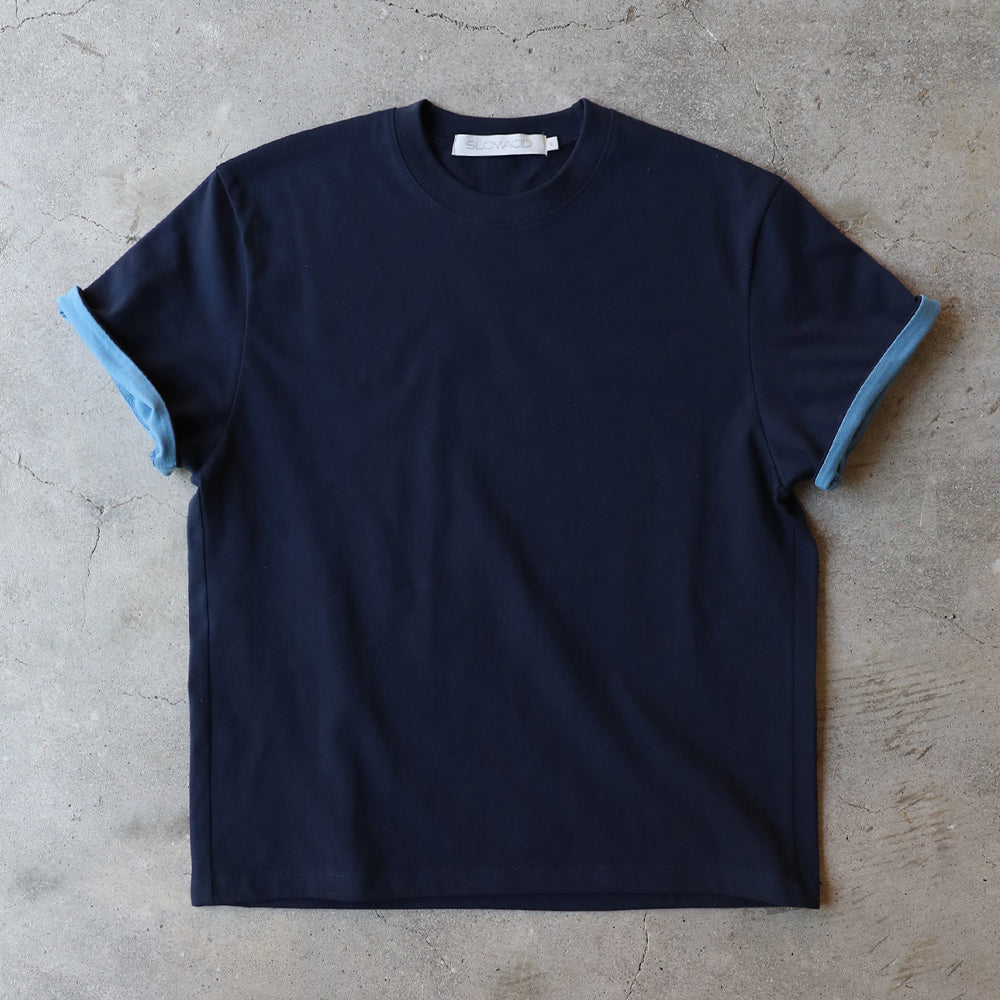 SLOWACID SA REFINED FLIP-CUFF SEMI-CROP TEE [NAVY]