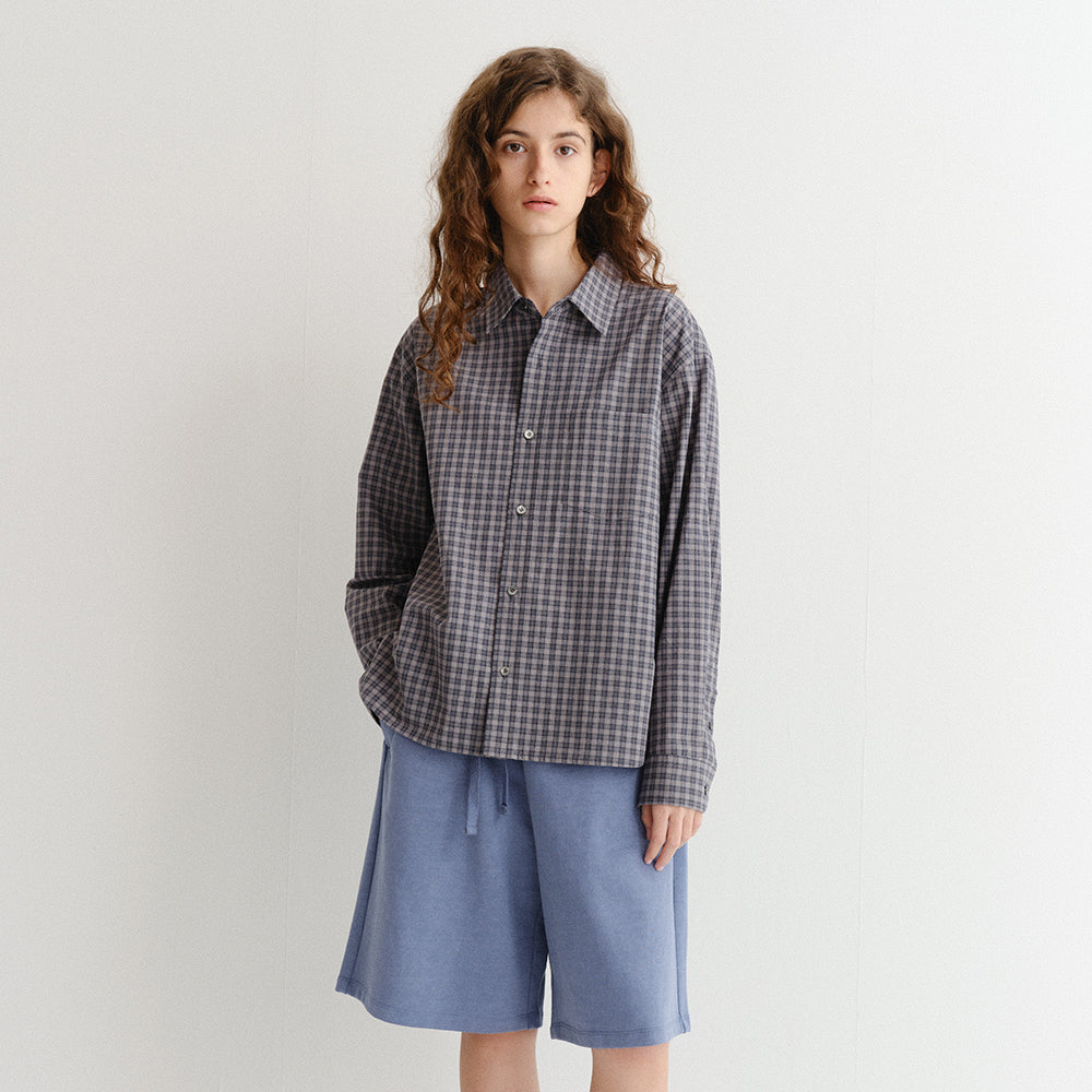 DUNST UNISEX CROPPED CHECKED SHIRT NAVY CHECK_UDSH6A116N2