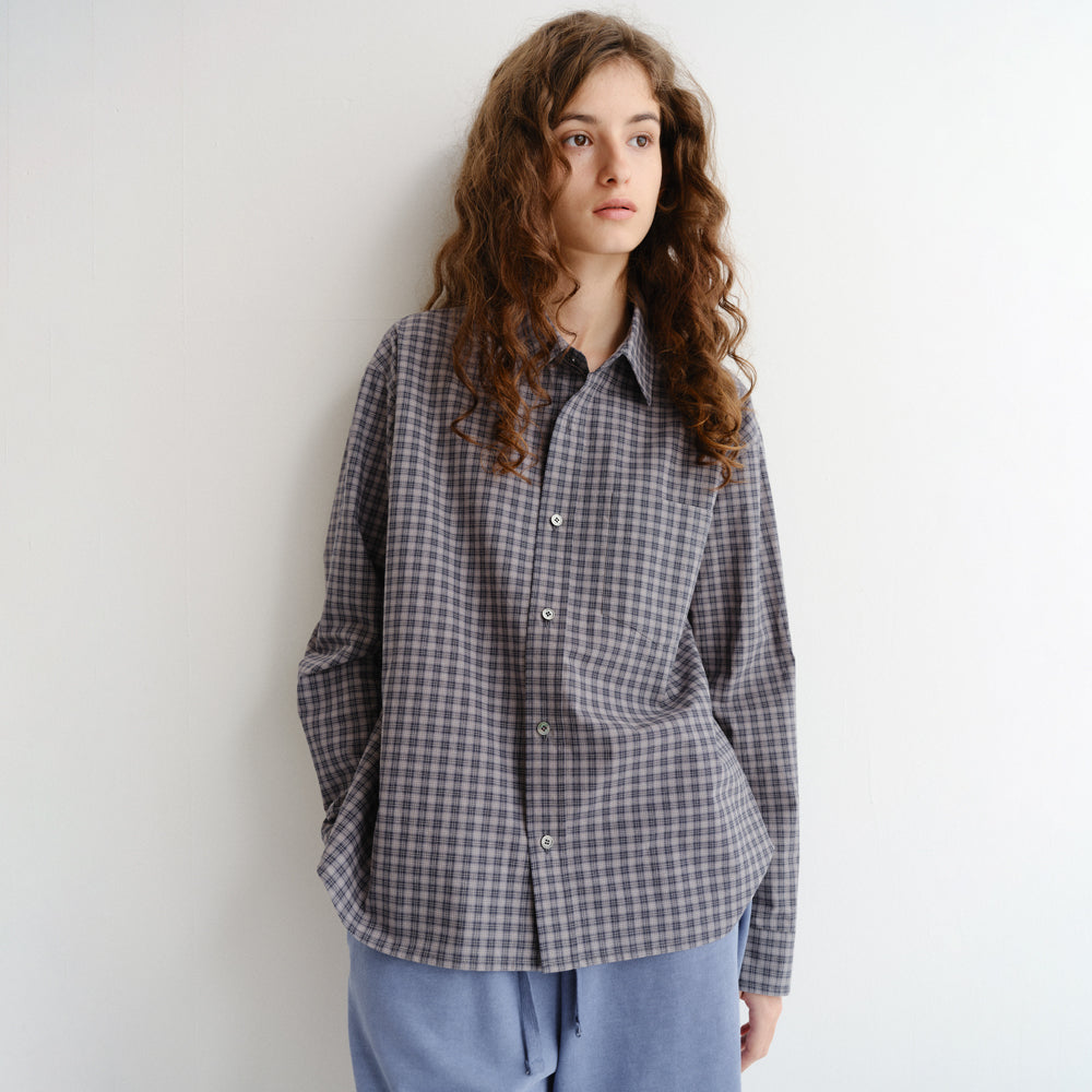DUNST UNISEX CROPPED CHECKED SHIRT NAVY CHECK_UDSH6A116N2