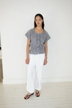 NCSSRY Pure Linen Tuck Half Blouse (Black)