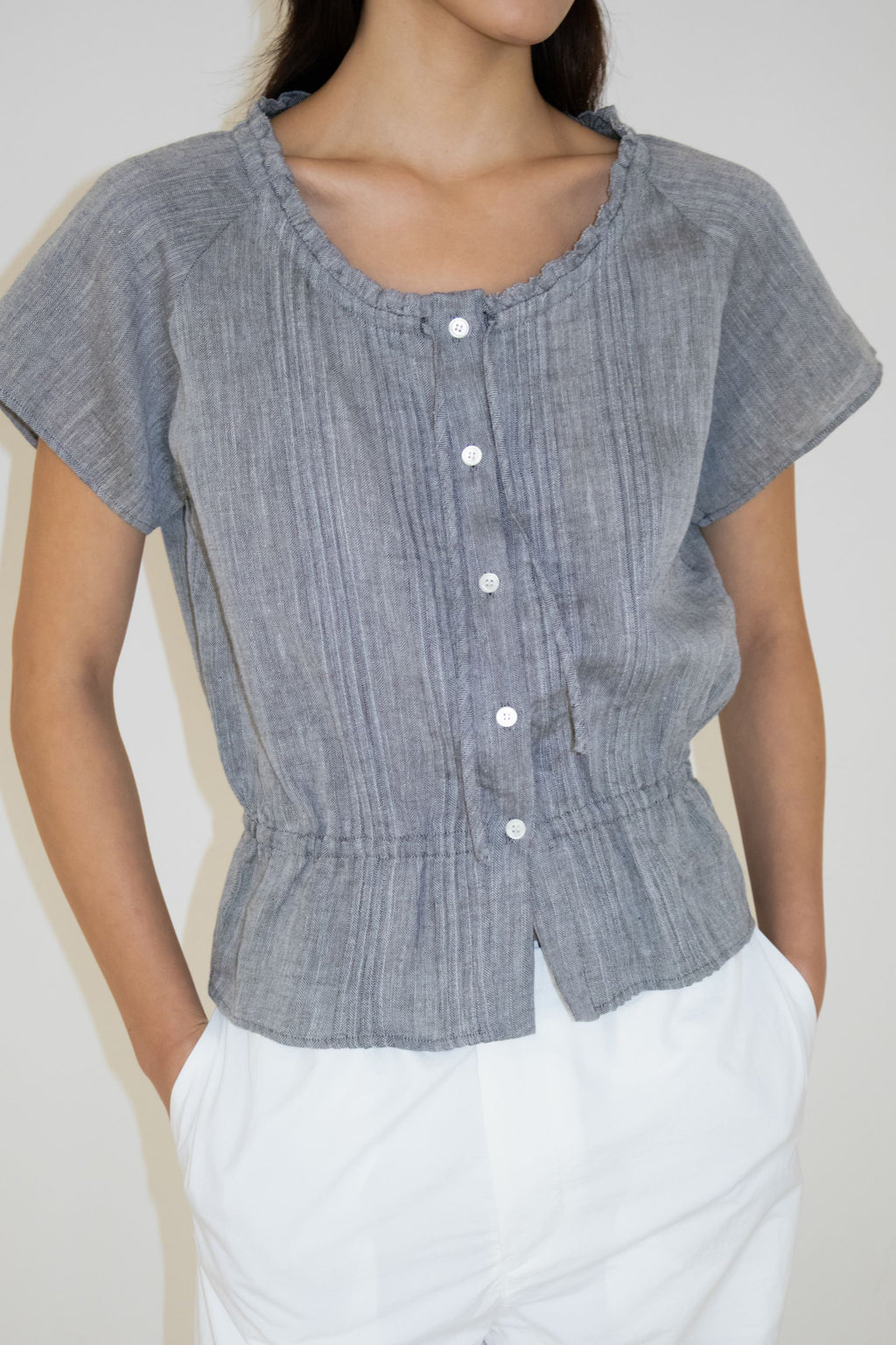 NCSSRY Pure Linen Tuck Half Blouse (Black)