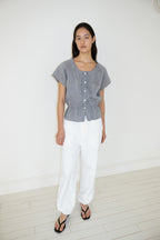 NCSSRY Pure Linen Tuck Half Blouse (Black)