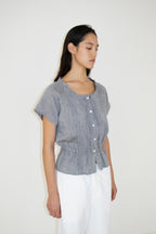 NCSSRY Pure Linen Tuck Half Blouse (Black)