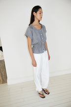 NCSSRY Pure Linen Tuck Half Blouse (Black)