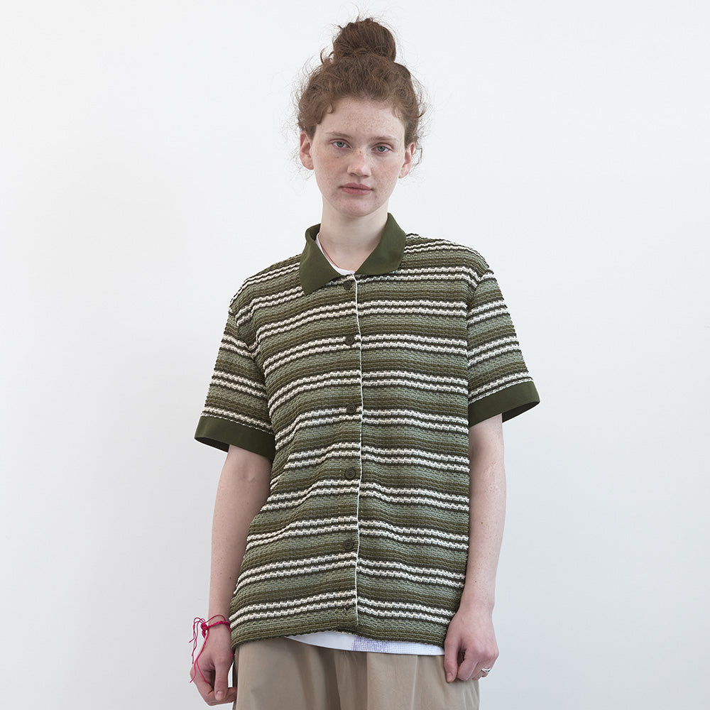 ENZO BLUES Striped Crochet Half Sleeve Shirt (Khaki Stripe)