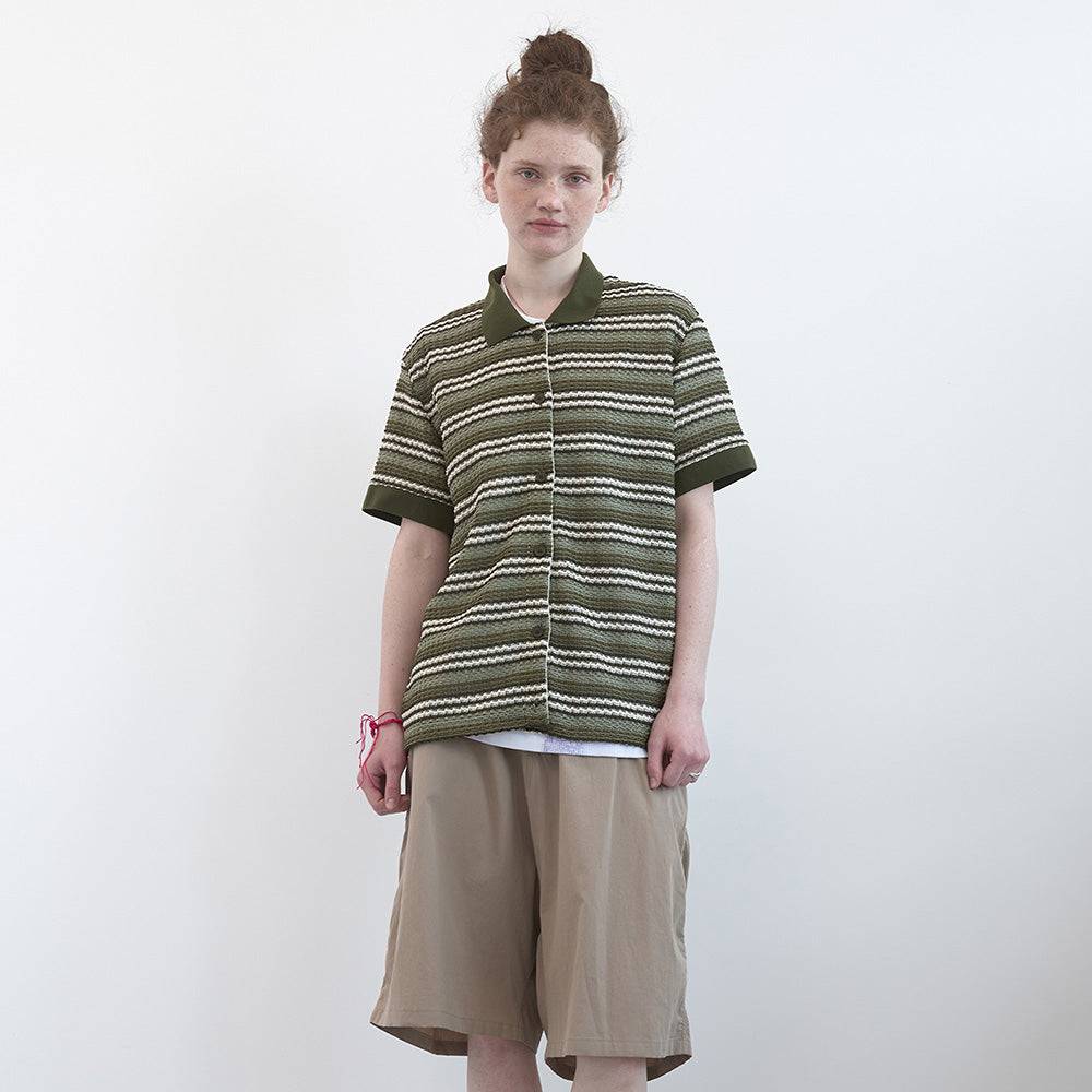 ENZO BLUES Striped Crochet Half Sleeve Shirt (Khaki Stripe)