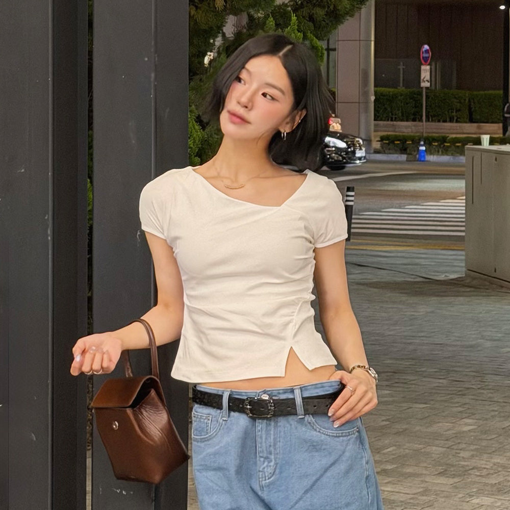DRAWFIT WOMEN Curve shirring tuck t-shirt [WHITE]