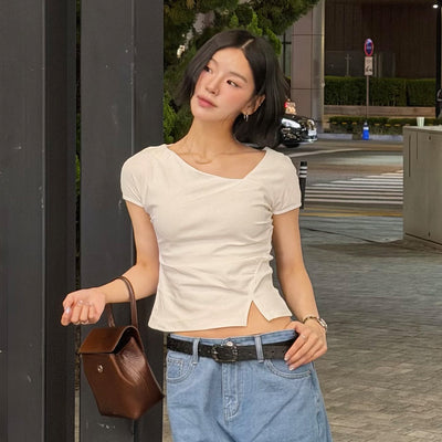 Curve shirring tuck t-shirt [WHITE]