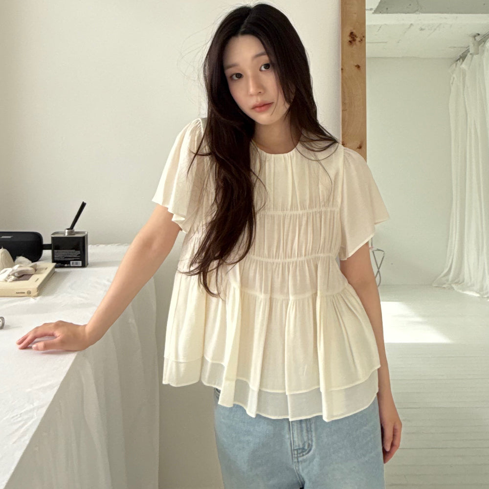 SO IR (2COLOR)SHIRRING LAYERED BLOUSE