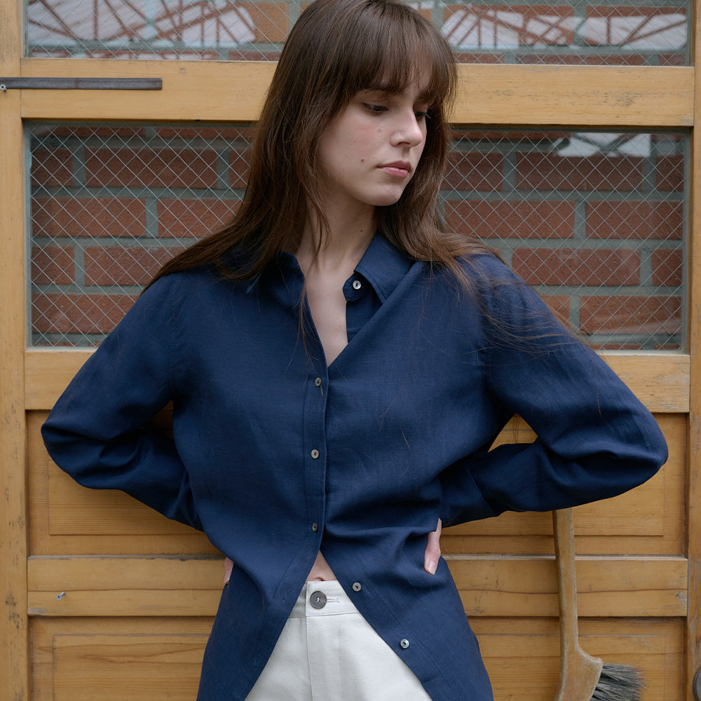 LCVE LINEN BLEND BASIC SHIRT_NAVY