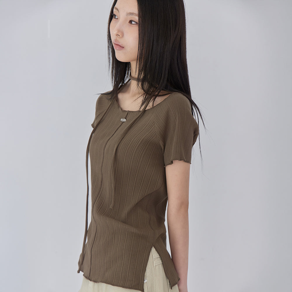 LONDONDADA Pleated Pendant Boat Neck Short Sleeve T-Shirt, BROWN